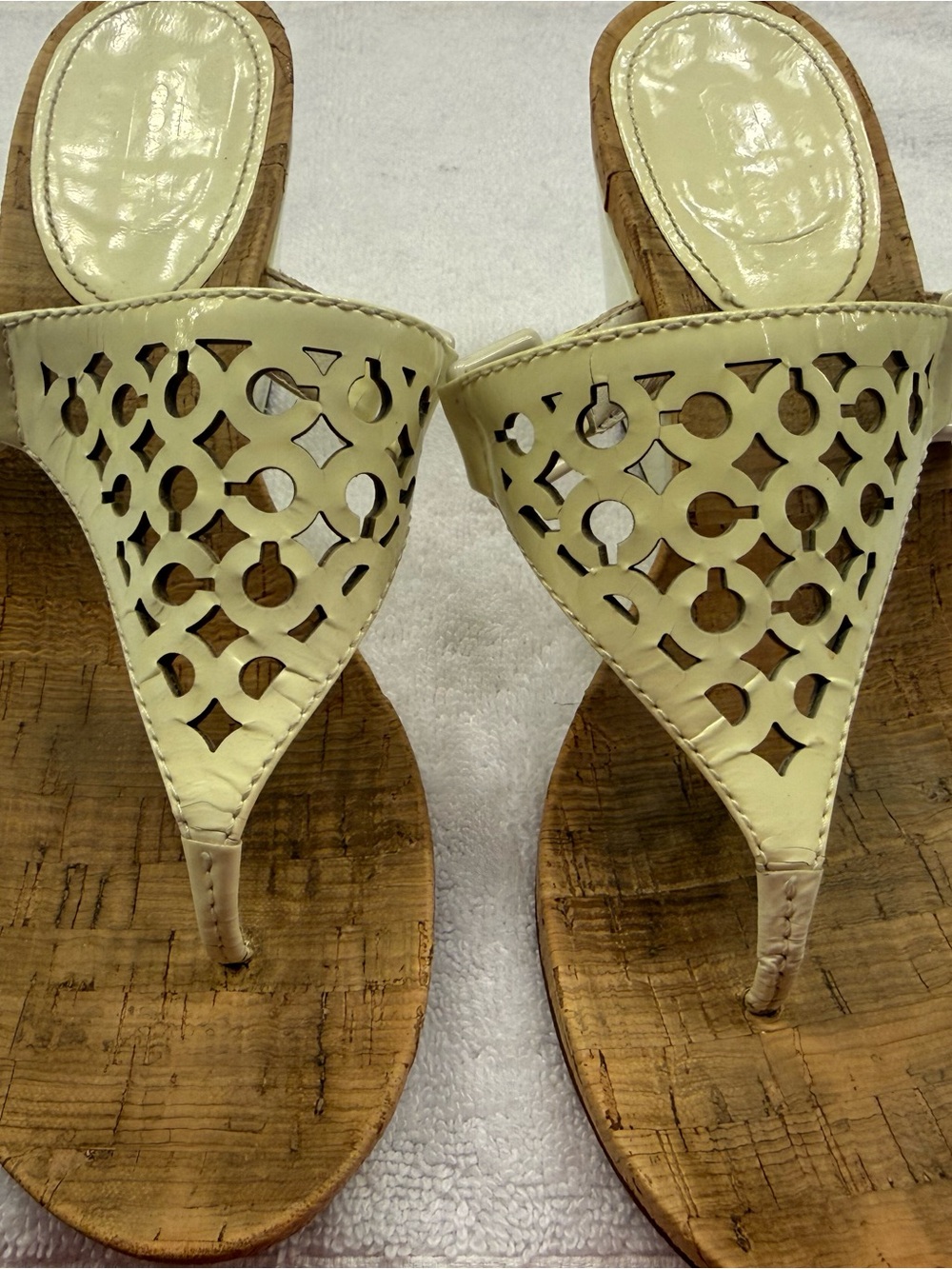 Coach Cream Laser-Cut Cork Wedge Thong Sandals